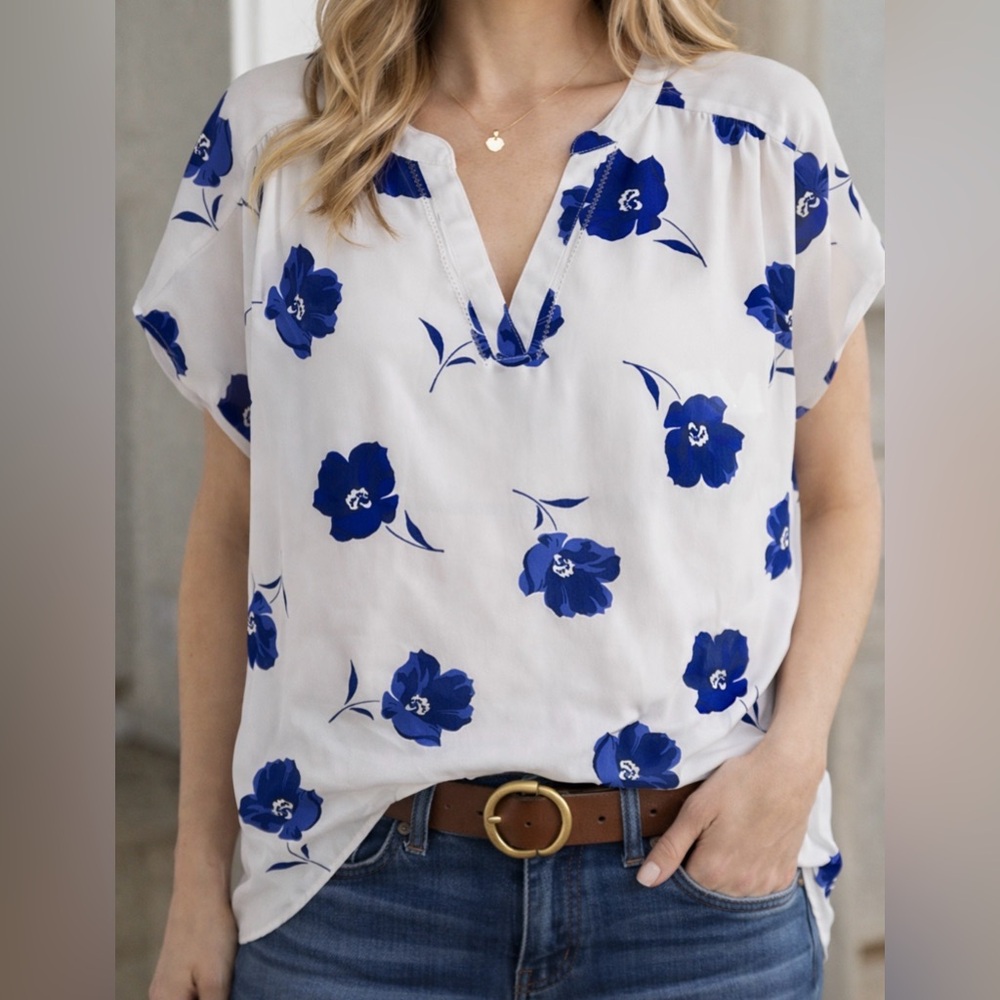 Banana Republic Floral V Neck Blouse White Blue Flowy Top